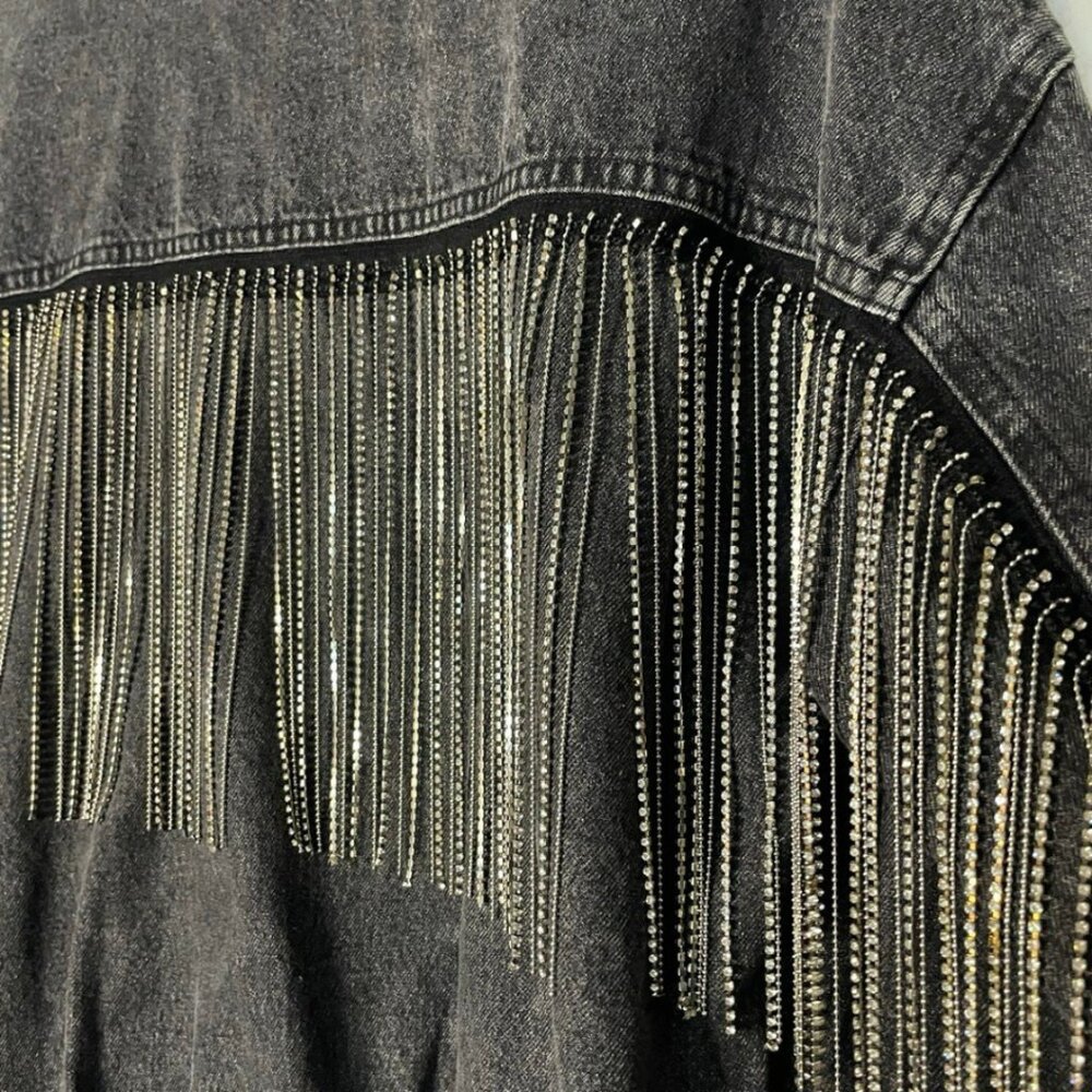Le Lis Tassel Denim Jacket M | Black Wash Rhinestone Chain Fringe Cotton Western - Picture 10 of 16